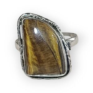925 Sterling Silver Tigers Eye Gemstone Statement Hammered Ring sz 7